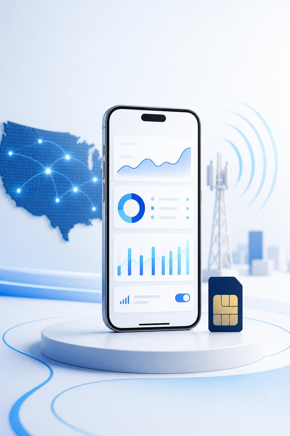 Realistic smartphone showing a USA eSIM data dashboard
